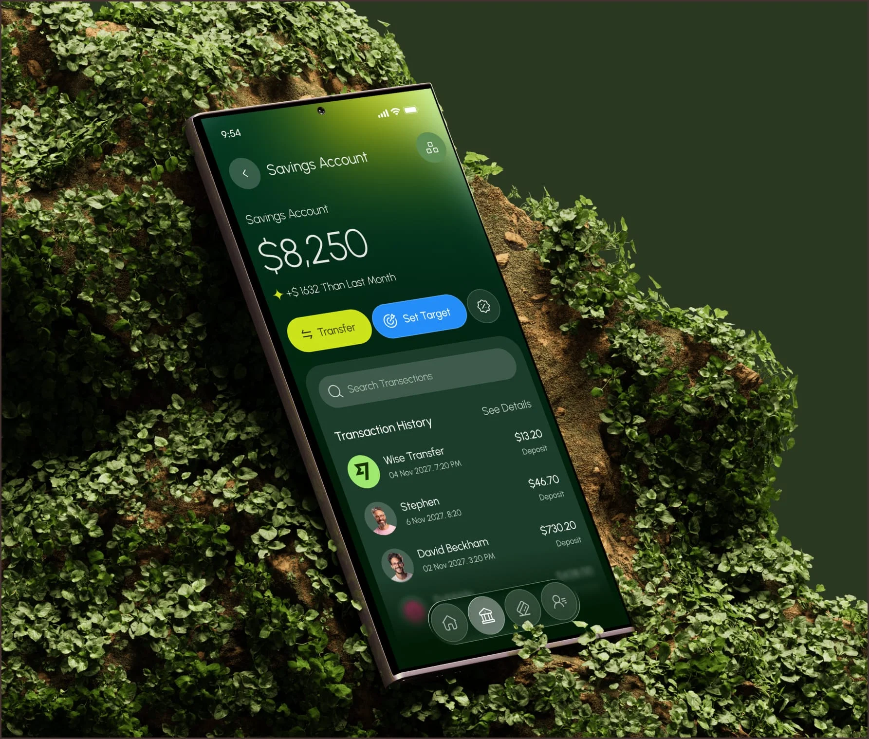 Android phone showing a finance app on a mossy rock