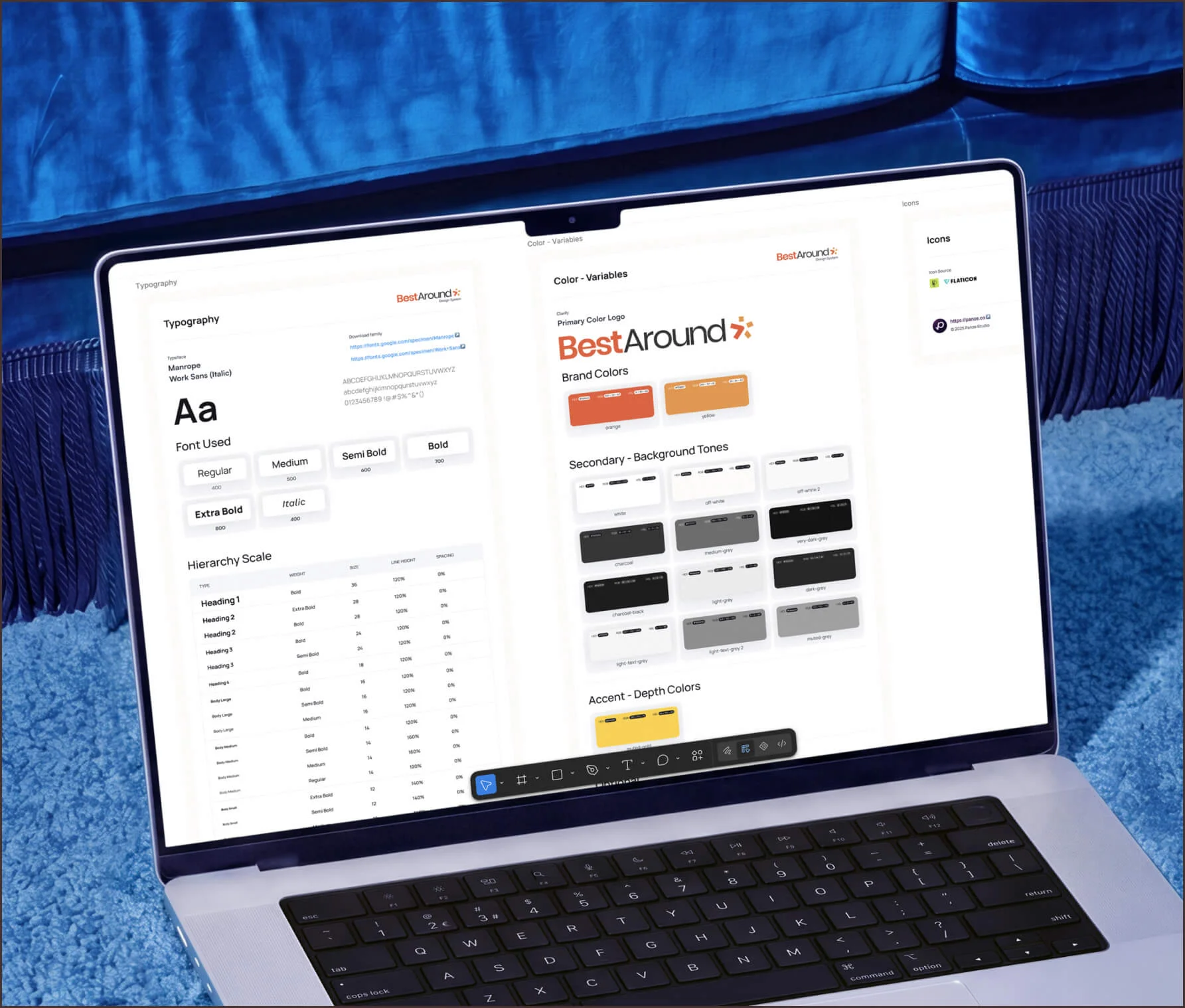 Laptop showing a mobile app design system of colours, type and components