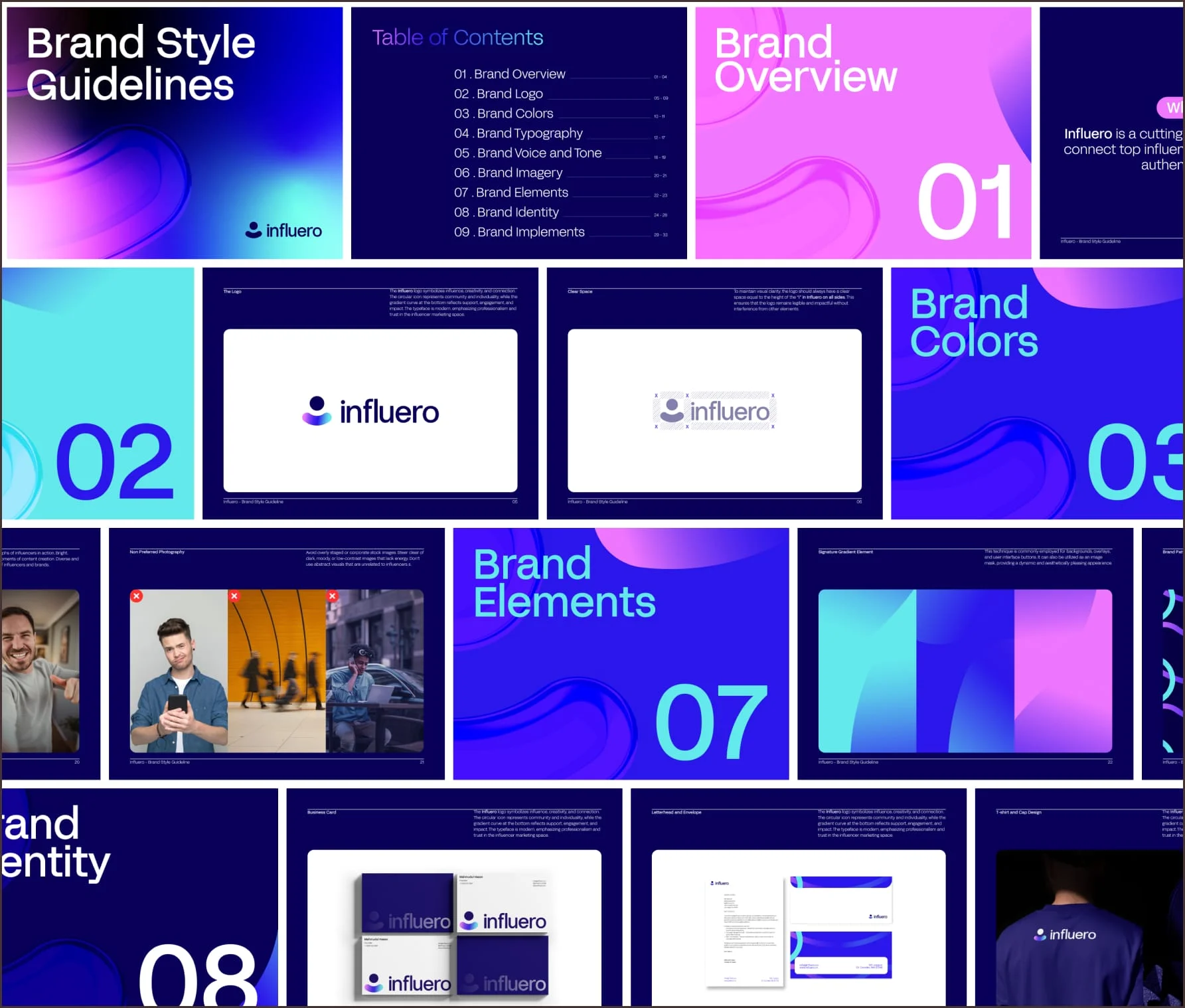 Influero brand guideline pages covering the brand overview, colours, and elements
