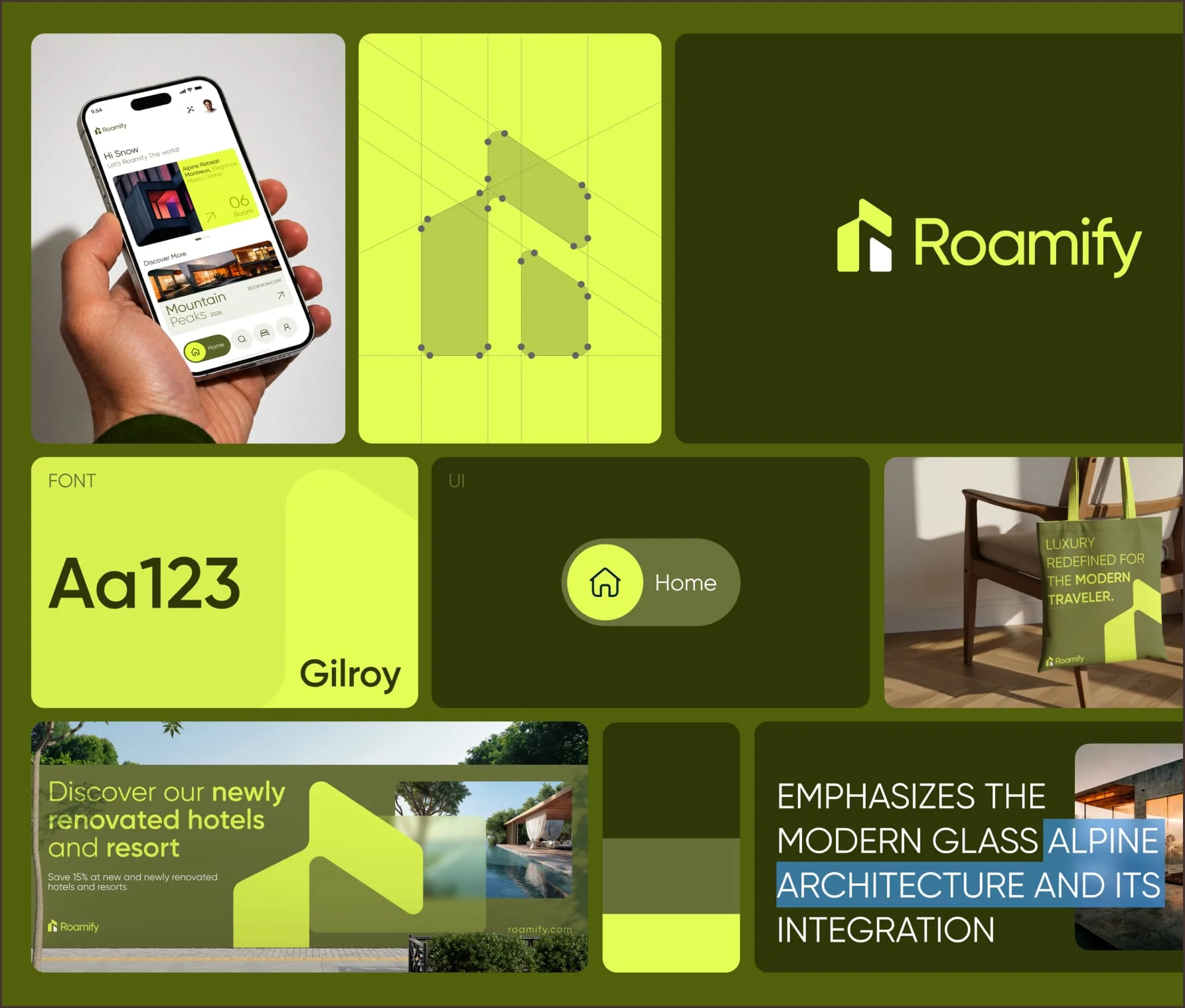 Roamify brand refresh with lime typography, app screens, and marketing layouts