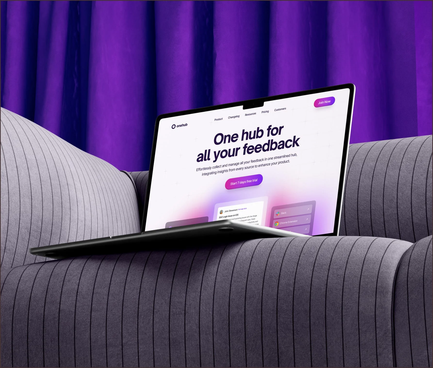 Feedback tool landing page headed “One hub for all your feedback” on a laptop against a purple curtain