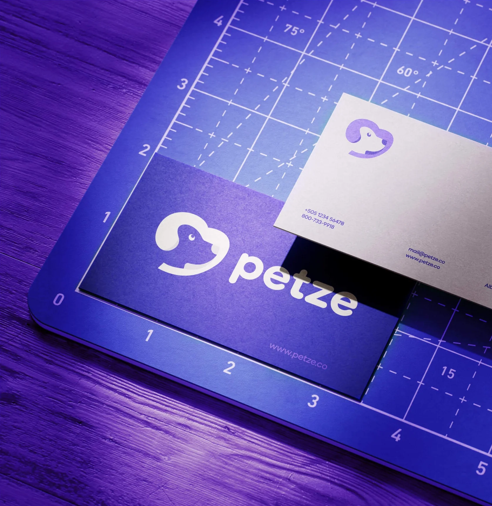Petze brand identity on business cards and letterhead over a cutting mat