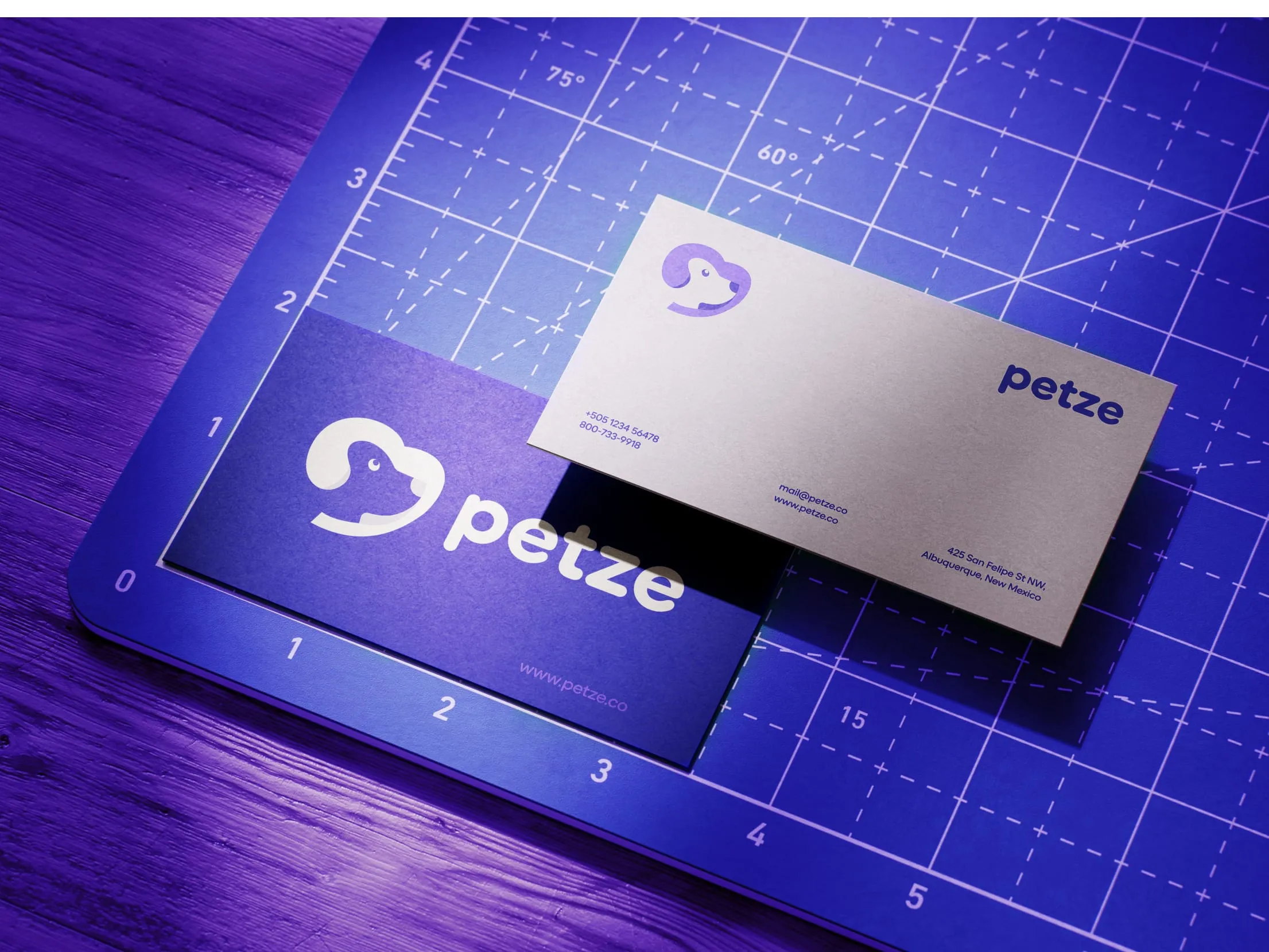 Petze brand identity on business cards over a cutting mat