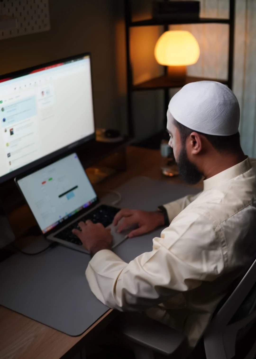 Mahmudul Hasan working at his desk in front of two screens, a warm lamp behind him