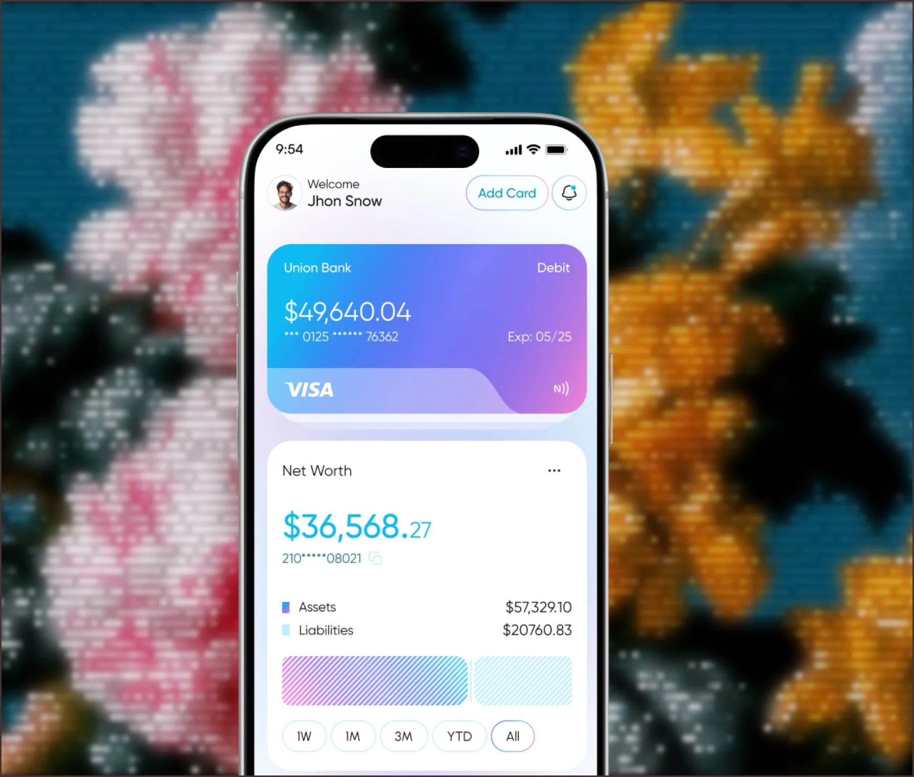 Banking app showing a card balance on a phone against a floral background