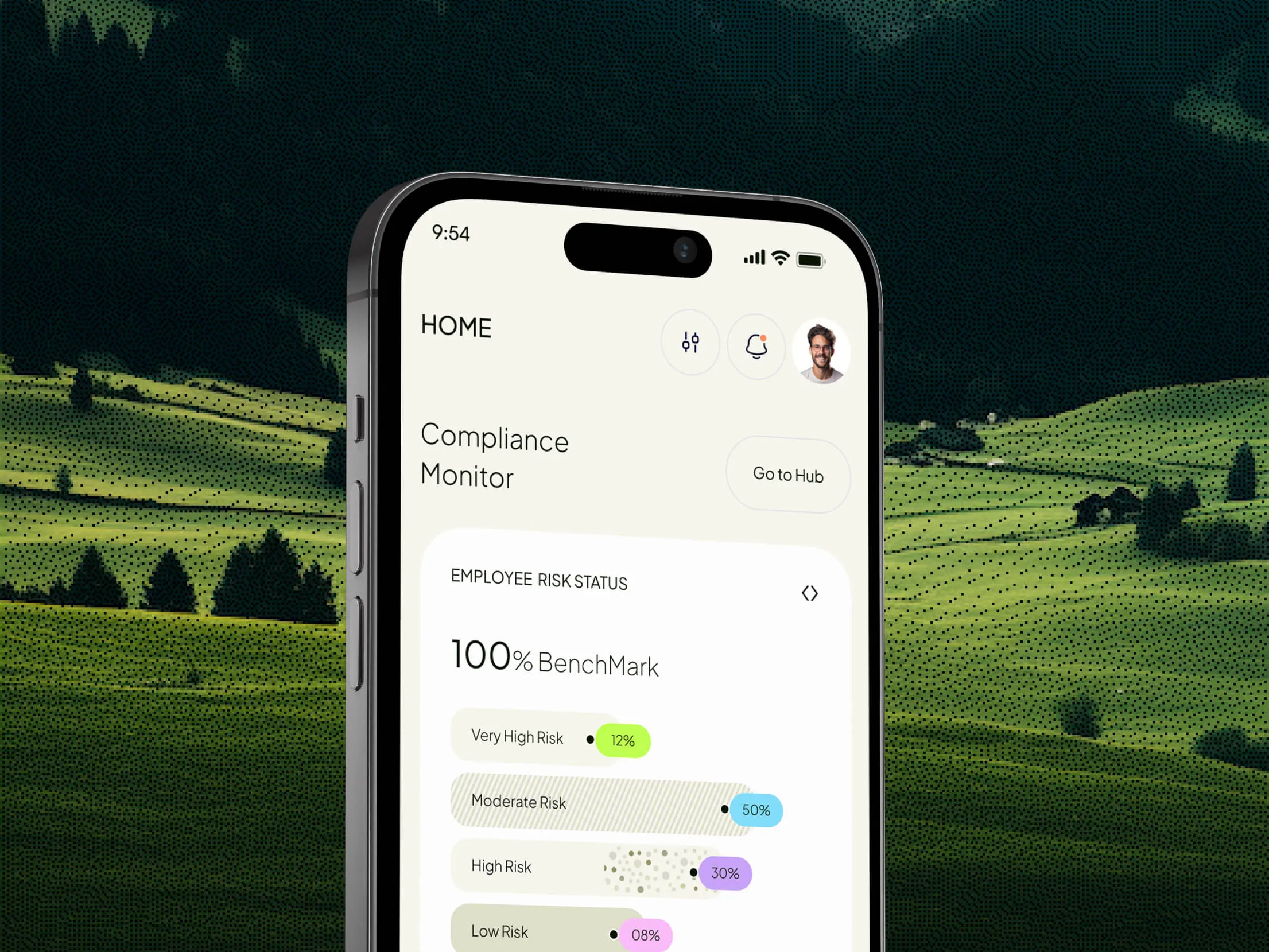 Compliance monitoring app on an iPhone against green hills