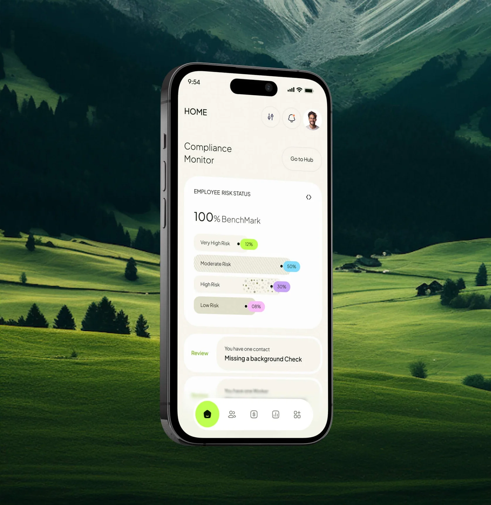 Compliance monitoring app on an iPhone against green hills