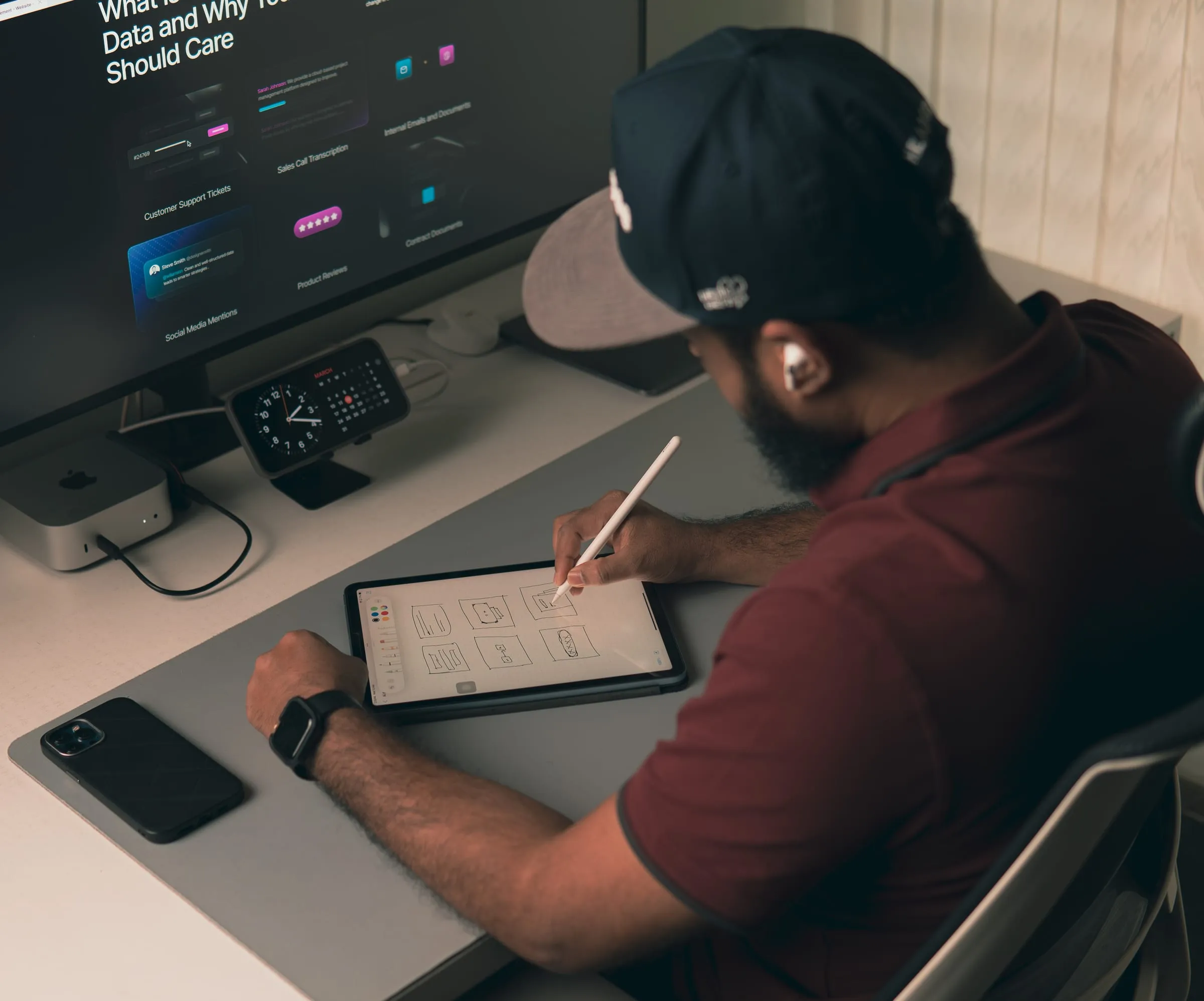 A Panze designer sketching app screens on an iPad with an Apple Pencil, a dashboard on the monitor behind