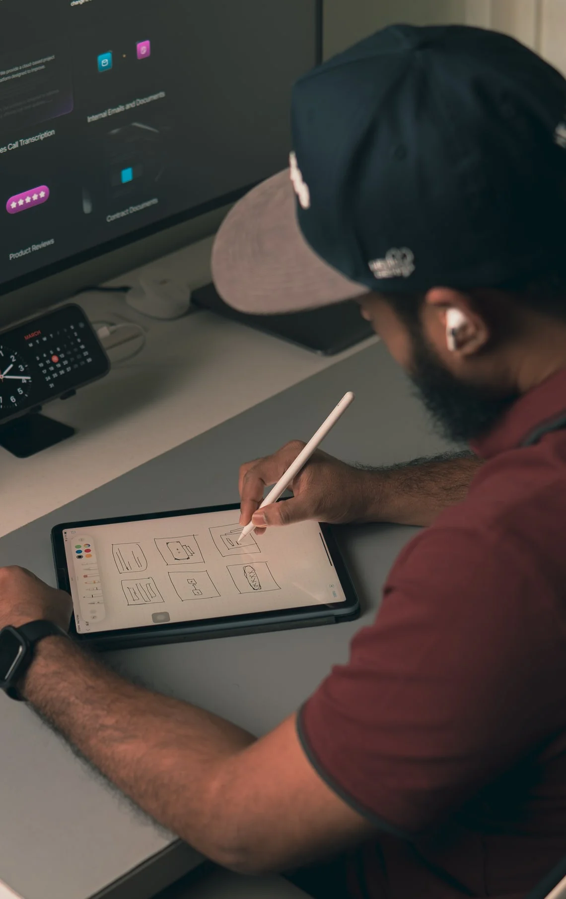 A Panze designer sketching app screens on an iPad with an Apple Pencil, a dashboard on the monitor behind