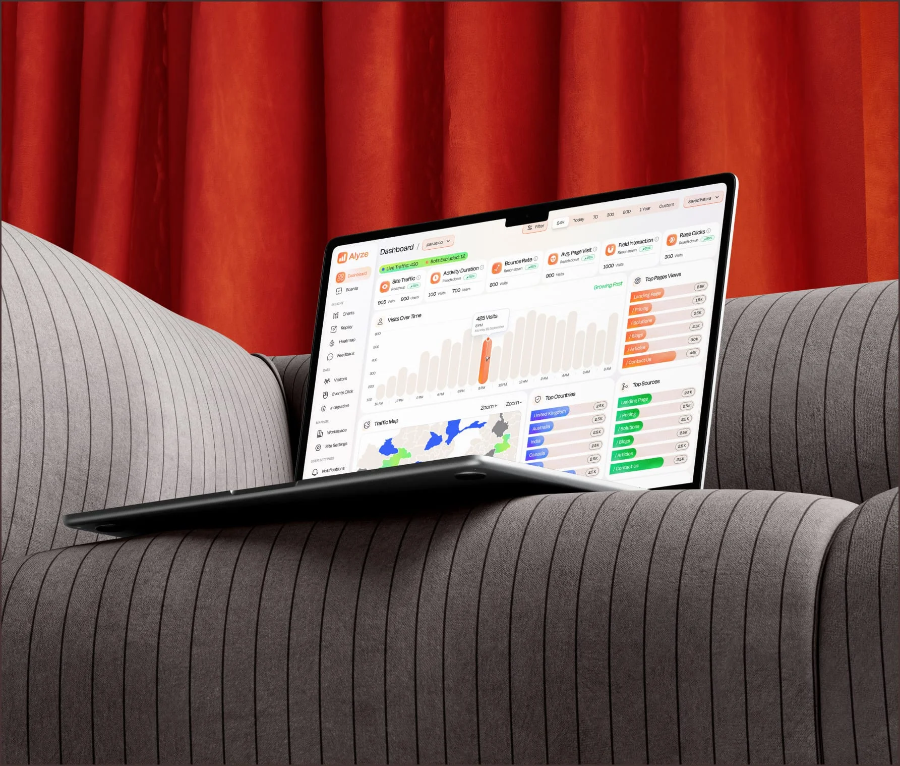 Sales analytics dashboard with charts and KPI cards on a laptop in front of a red curtain