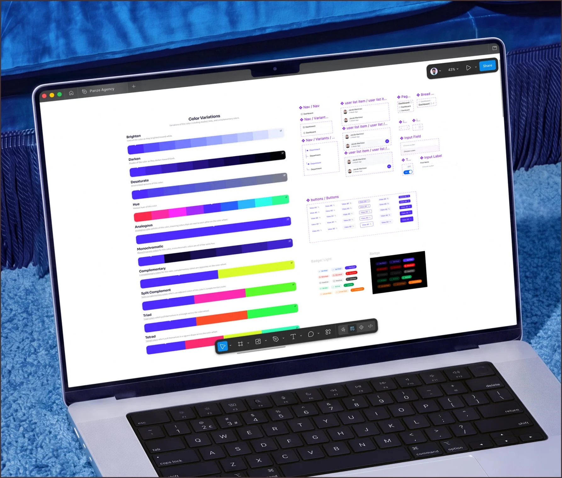 SaaS design system colour and component documentation on a laptop