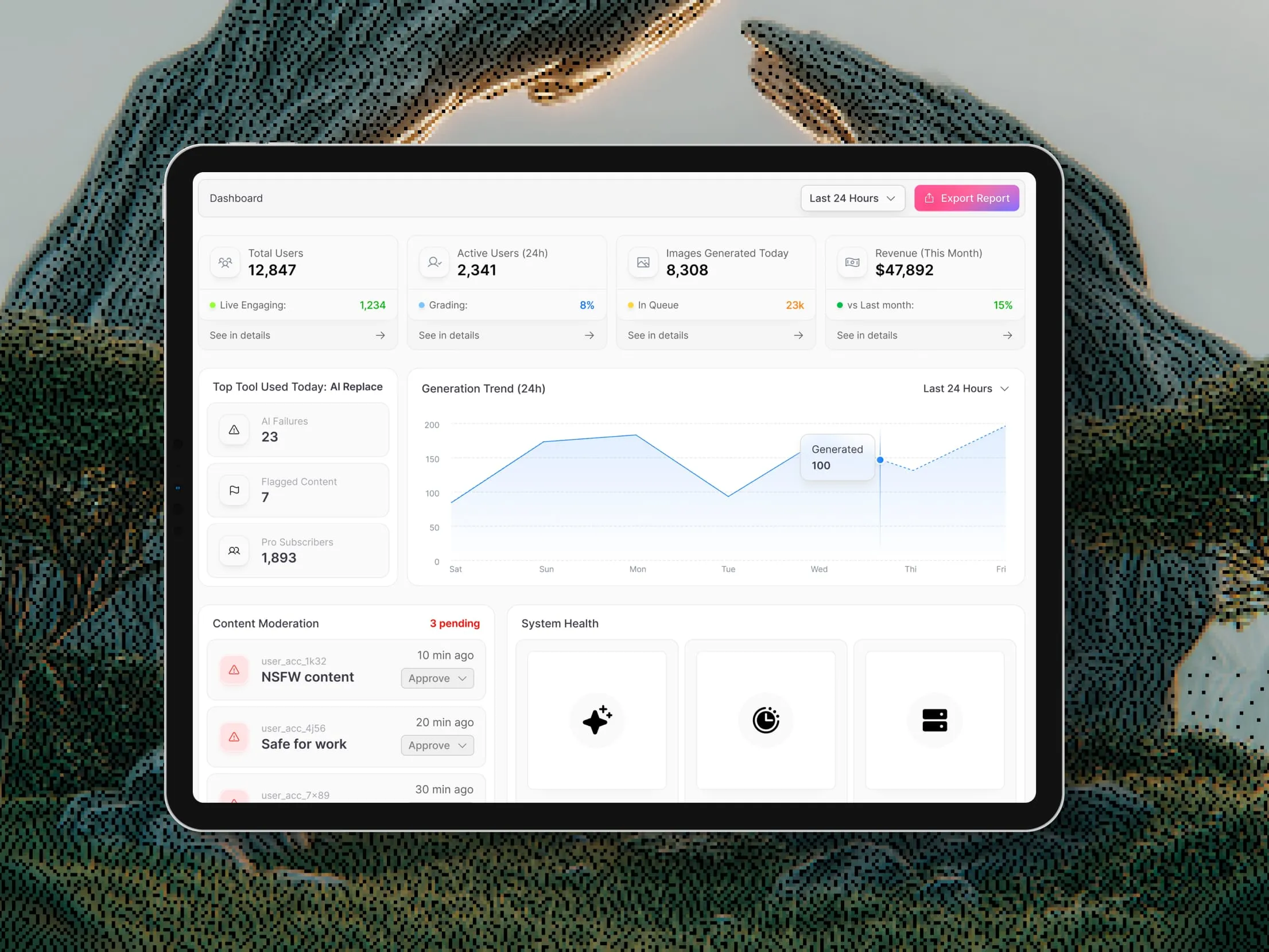 Analytics dashboard on a tablet among mossy rocks