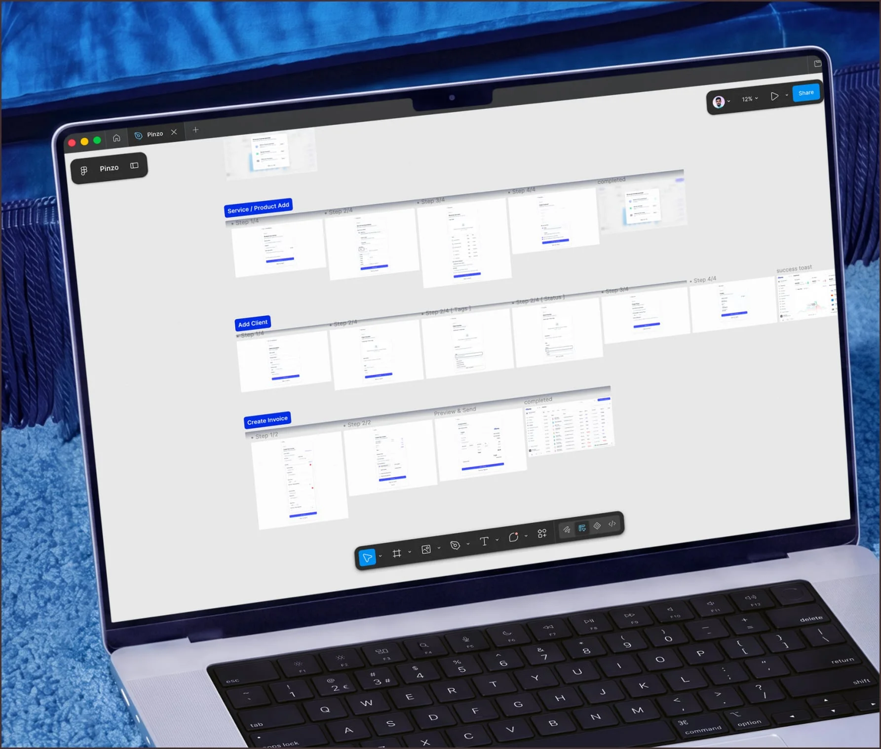 SaaS onboarding flow screens mapped out on a design canvas on a laptop