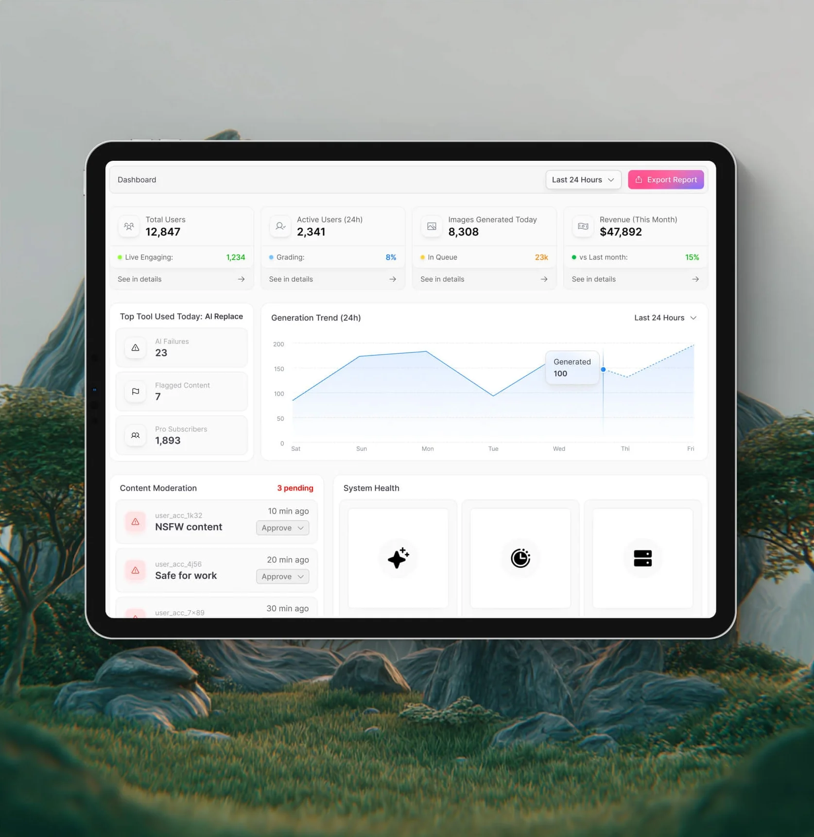 AI platform analytics dashboard on a tablet among mossy rocks