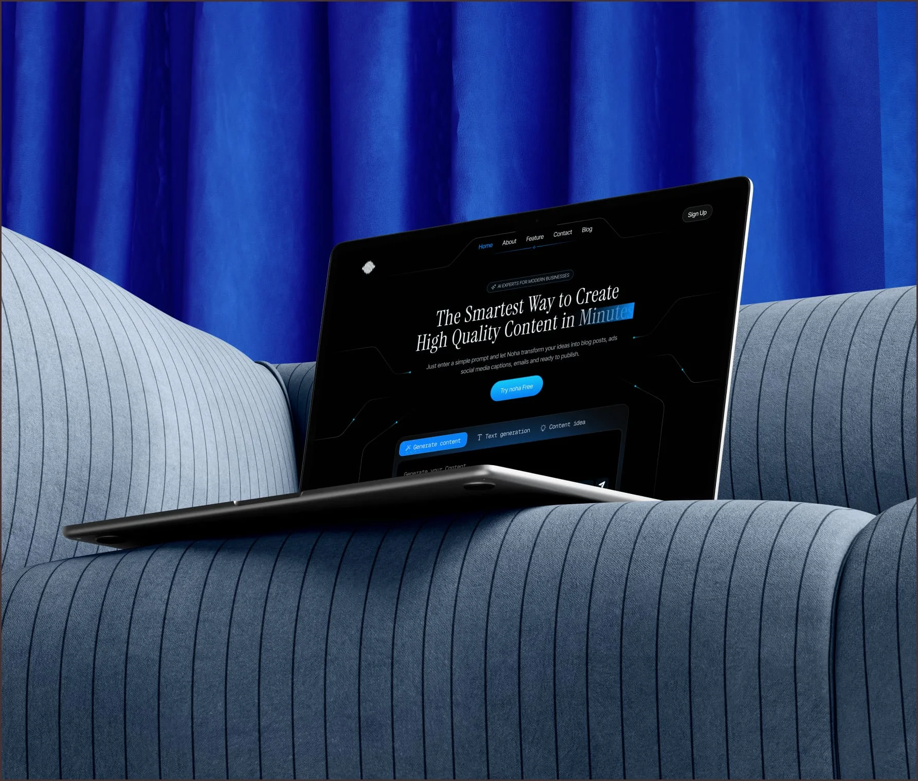SaaS landing page headed “The Smartest Way to Create High-Quality Content” on a laptop resting on a blue sofa