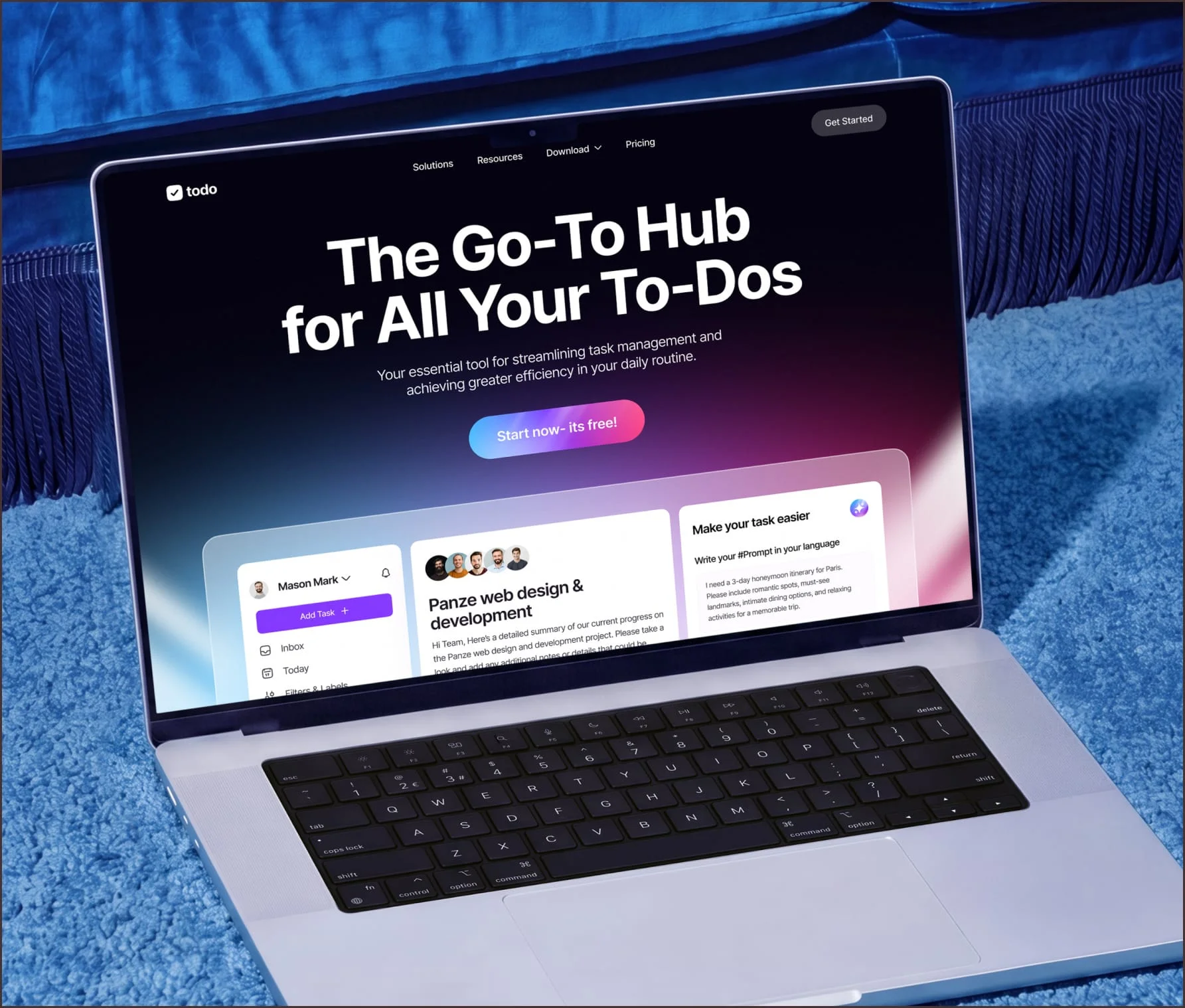 Productivity app website headed “The Go-To Hub for All Your To-Dos” on a laptop