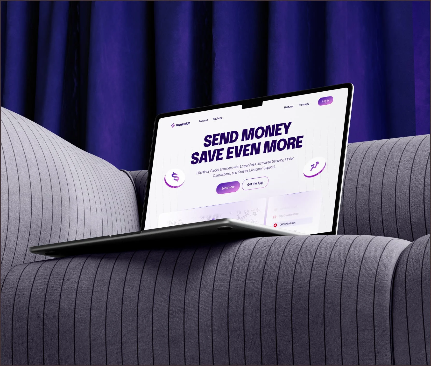 Money transfer website headed “Send money, save even more” on a laptop on a grey sofa